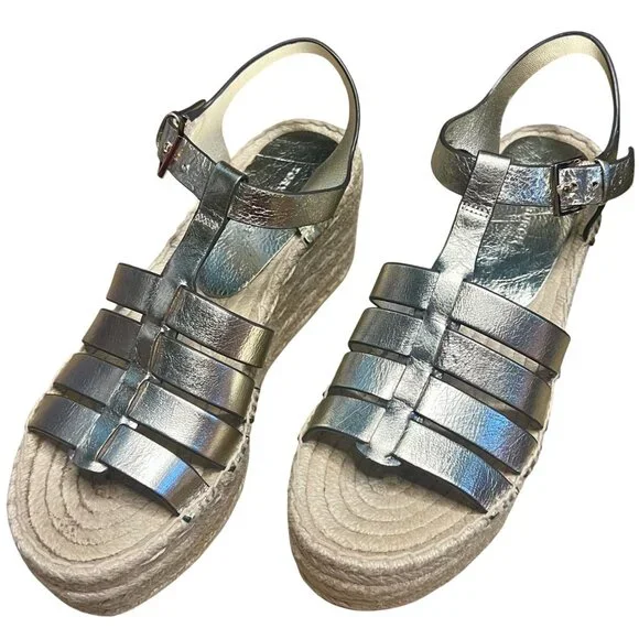 Tory Burch Espadrille Wedge Sandals Spark Gold Metallic Leather New Size 5.5 - Picture 11 of 16